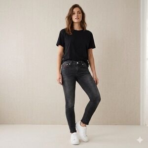 True Religion Halle Mid Rise Super Skinny Jeans Black Faded Denim Size 30